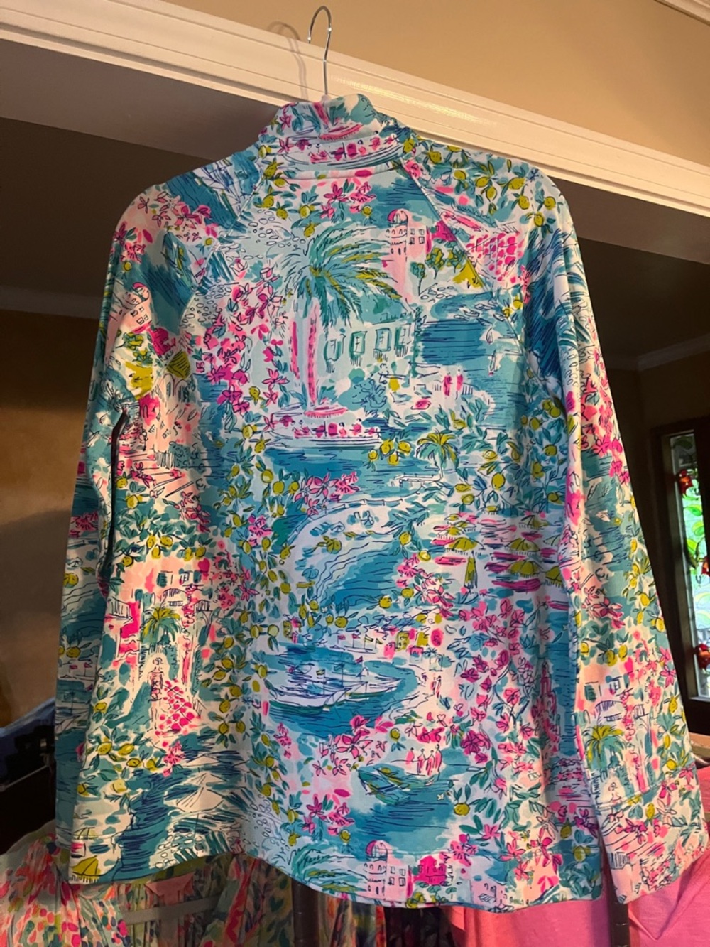 Tropical Floral Quarter-Zip Pullover - Aqua, Pink, Yellow - Picture 3 of 6